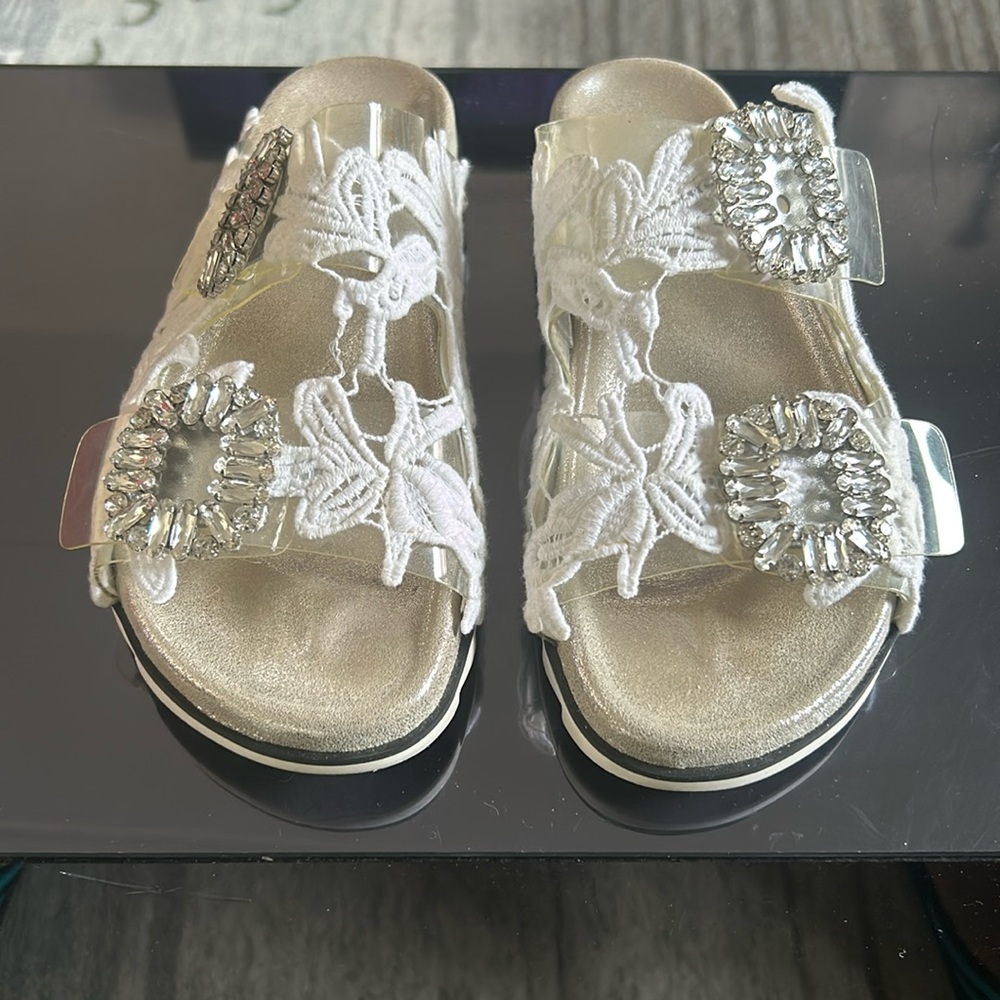 White Roger Vivier Cotton Lace & Swarovski Crystal Birkenstocks